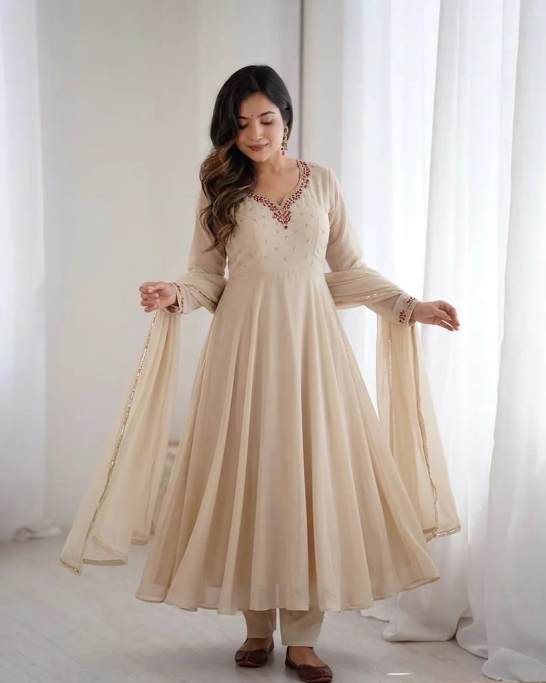 Fox Georgette Hand Work Gown Set with Pant & Dupatta