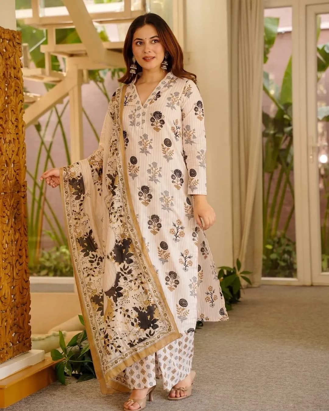 Cambric Cotton Straight Printed Kurti Set with Bottom & Dupatta