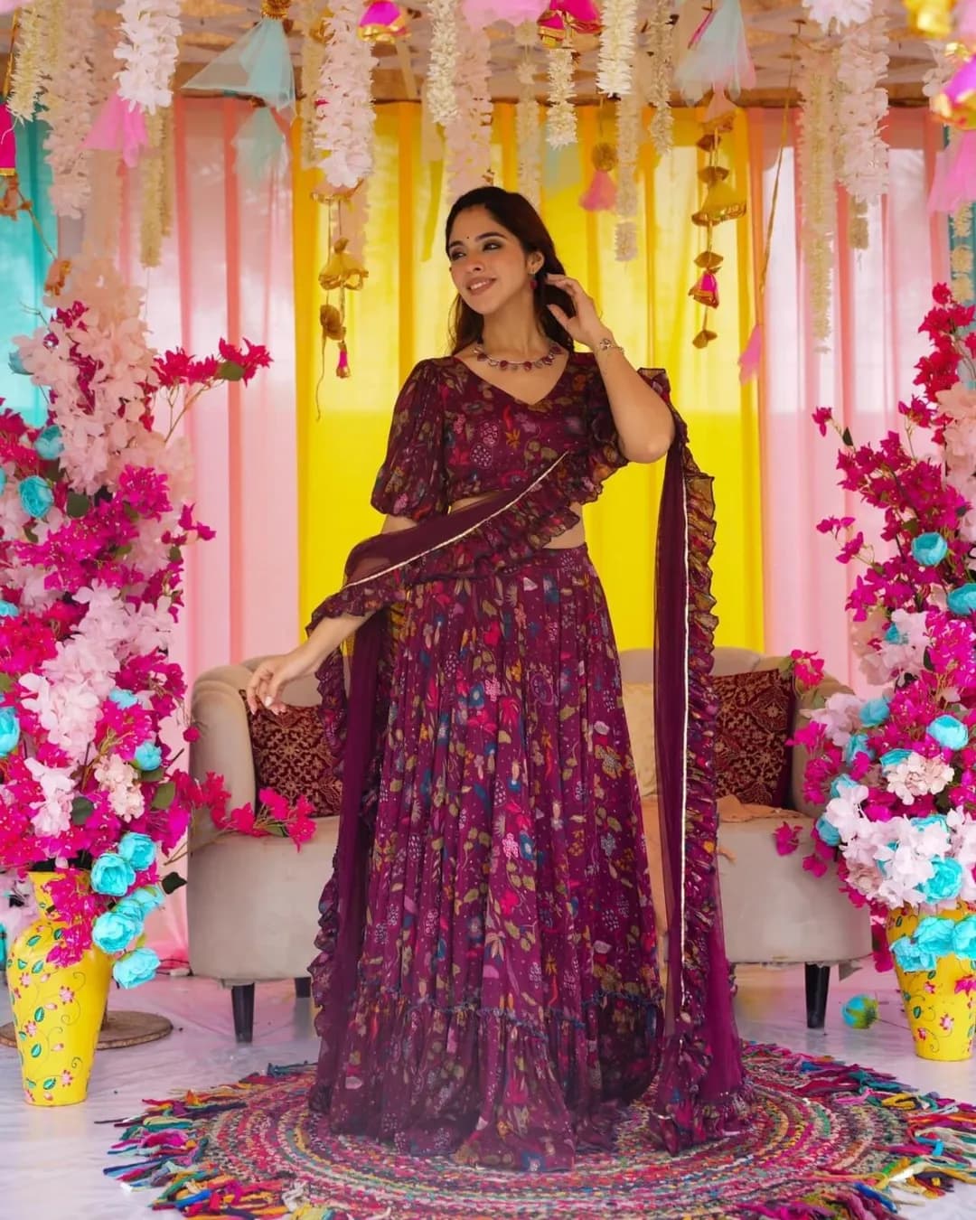 Heavy Airtex Chinon Digital Printed Tier Lehenga Set