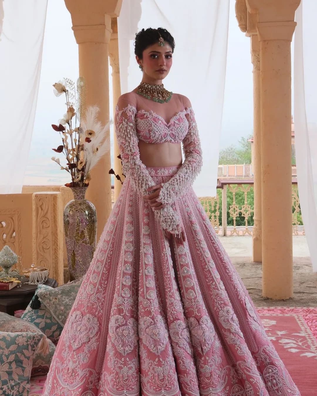 Pastel Slub Silk Lehenga Set with Resham Dori & Rainbow Sequins Work alternate view
