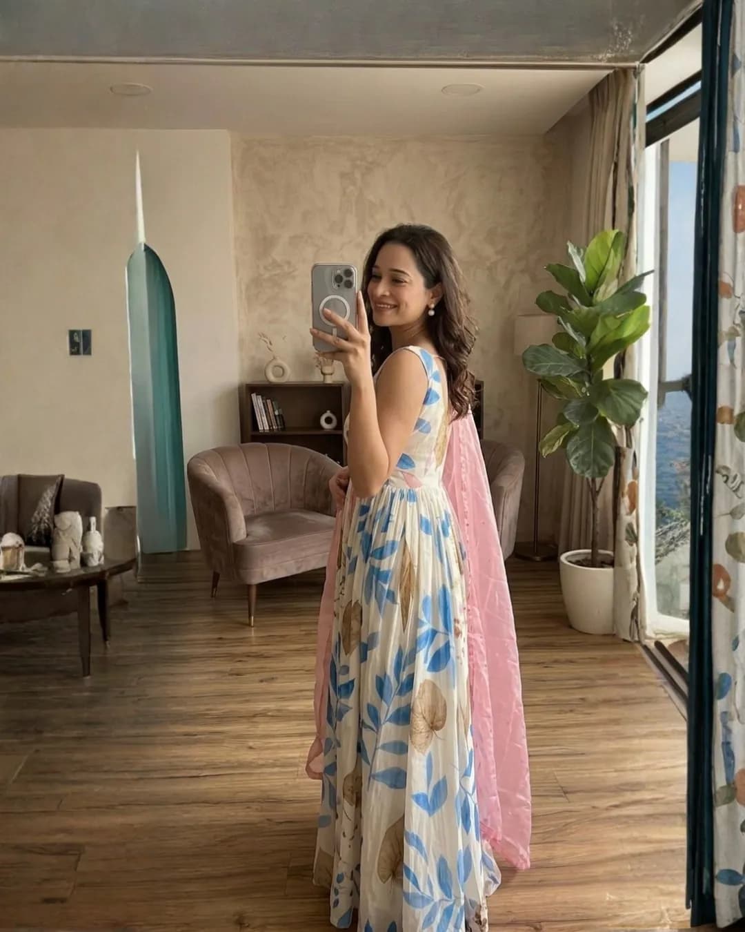 Heavy Dola Silk Digital Printed Gown with Organza Pearl Work Dupatta alternate view