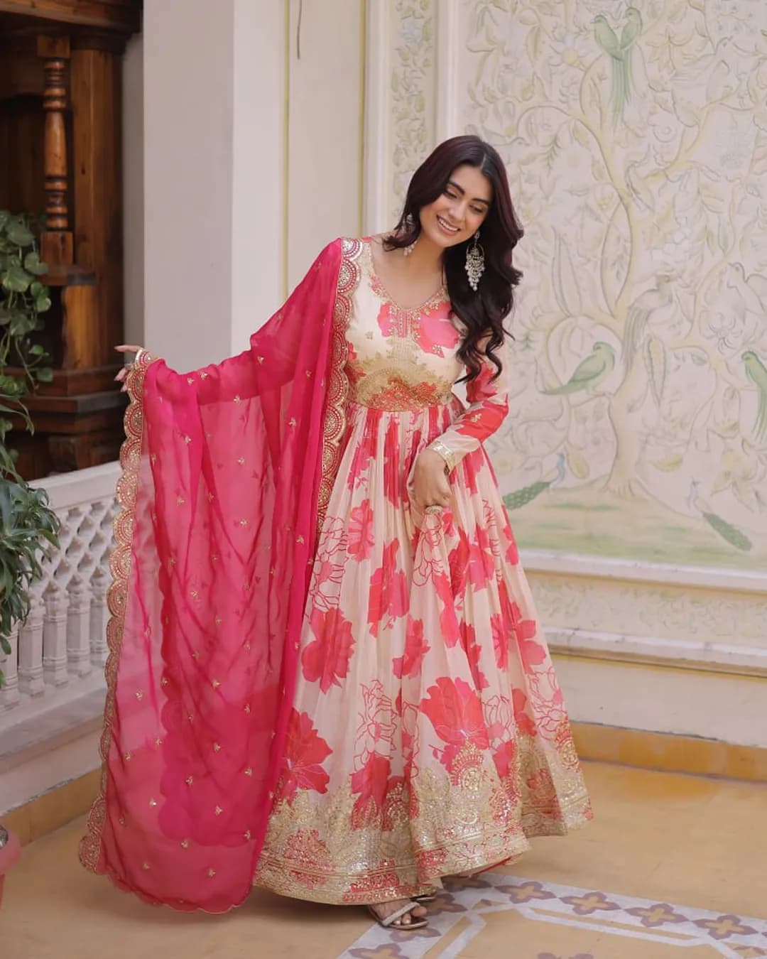 Premium Russian Silk Embroidered Gown with Dupatta Set