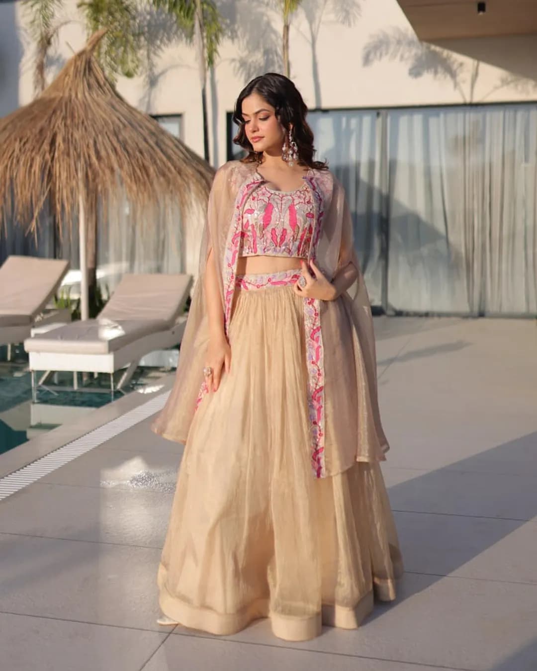 Sindur Silk Beads Embroidered Lehenga Choli with Shrug Set