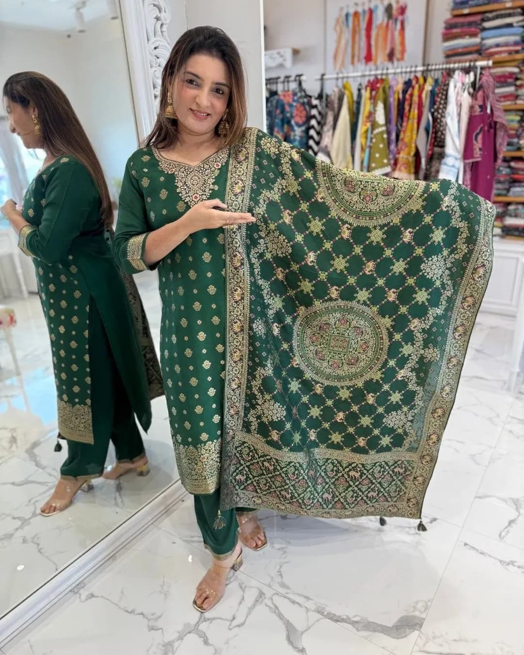Designer Pure Banarasi Jacquard Weaving Top Pant with Dupatta Set alternate view