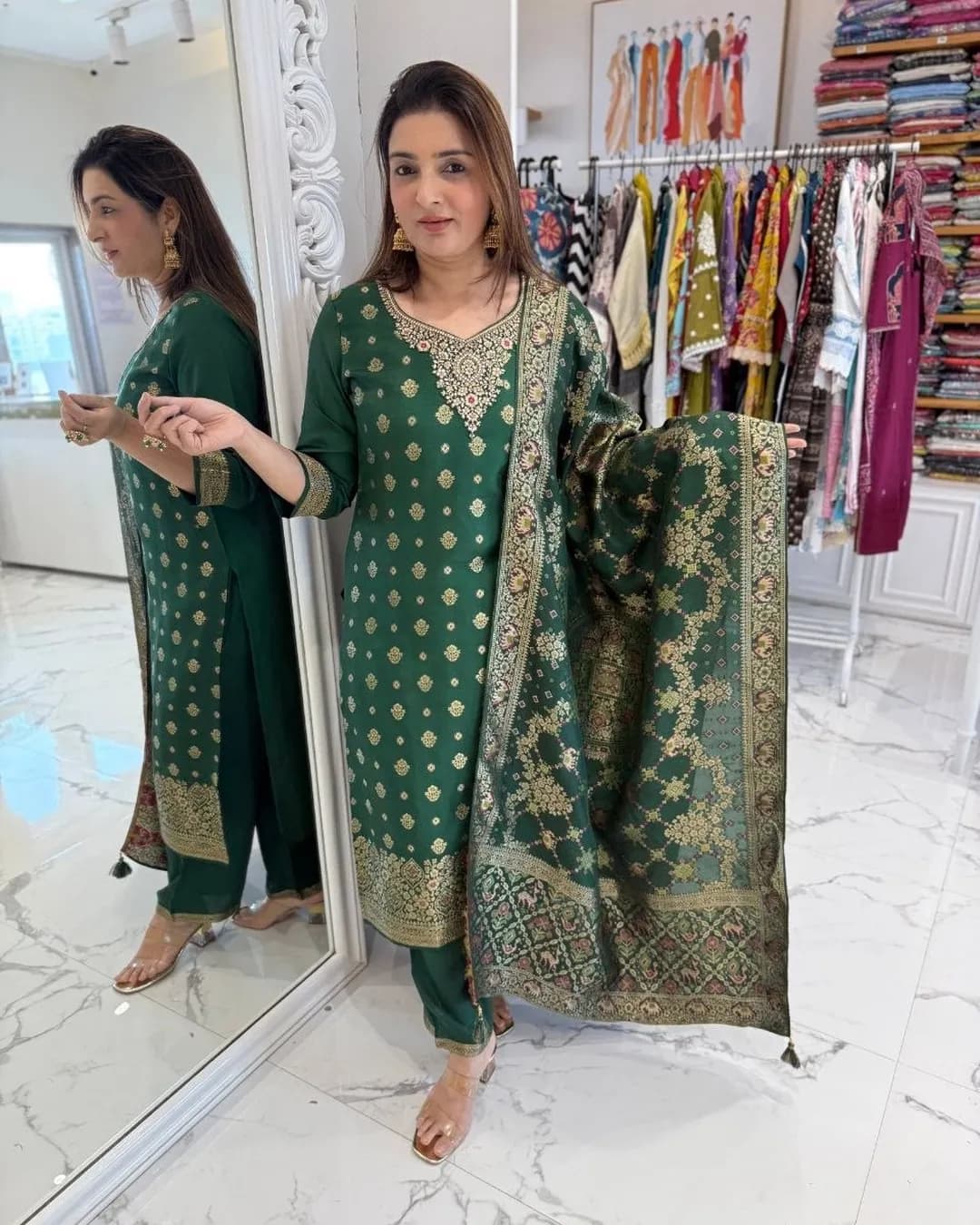 Designer Pure Banarasi Jacquard Weaving Top Pant with Dupatta Set