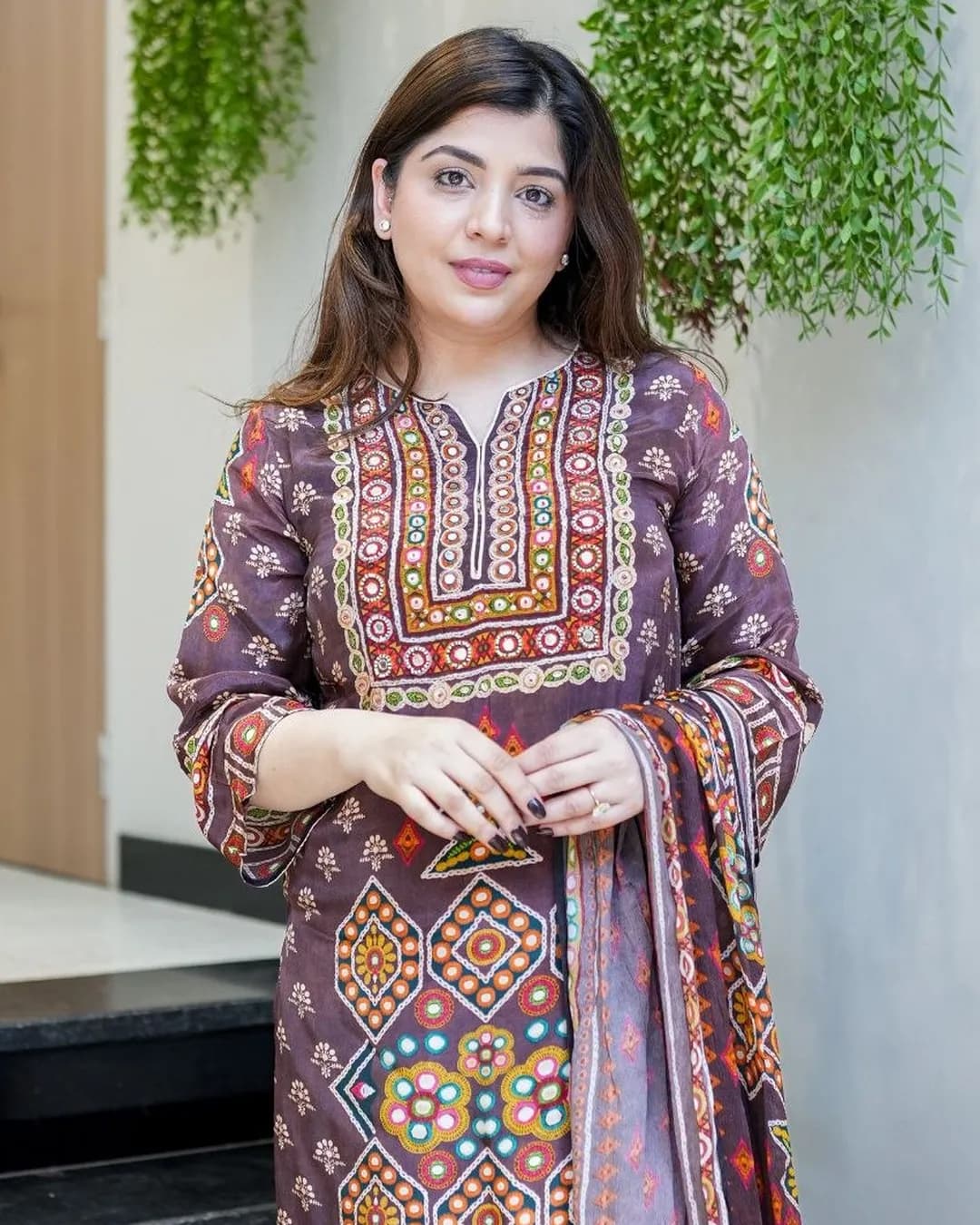Designer Pure Burberry Silk Embroidered Neck Top with Pant & Dupatta Set alternate view