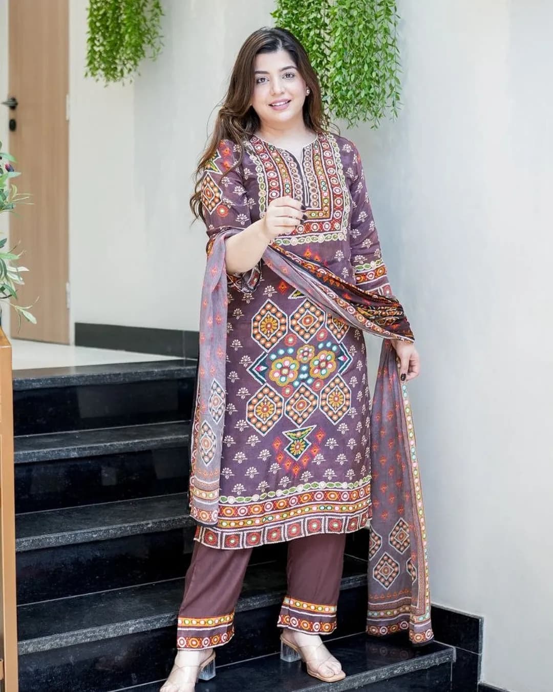 Designer Pure Burberry Silk Embroidered Neck Top with Pant & Dupatta Set