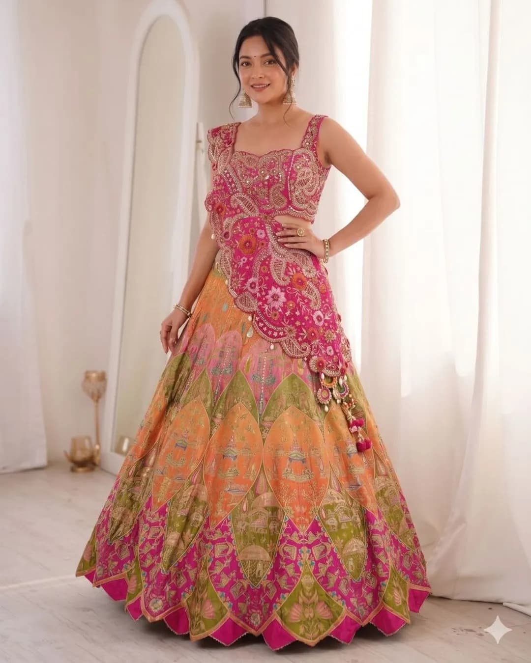 Designer Crepe Digital Print Lehenga Choli with Embroidery Coding Work Shrug