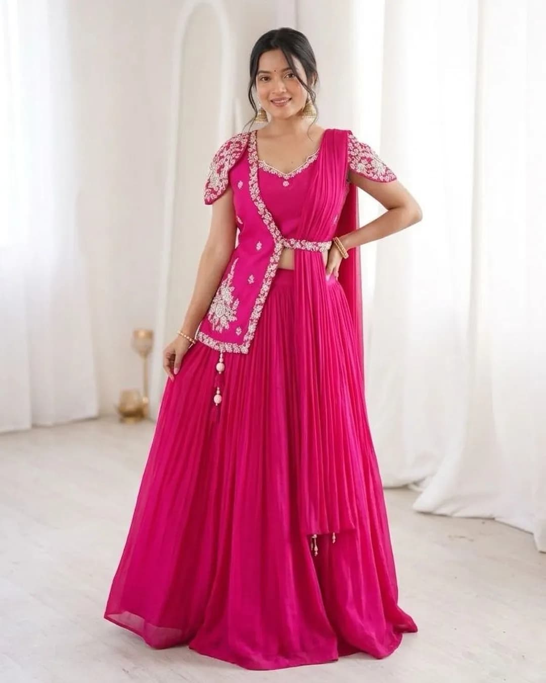 Designer Chinon Lehenga Choli with Embroidery Work Jacket Set