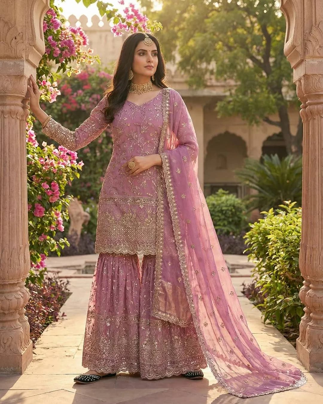 Designer Party Wear Fandy Crush Silk Sharara Set with Sequins Embroidery