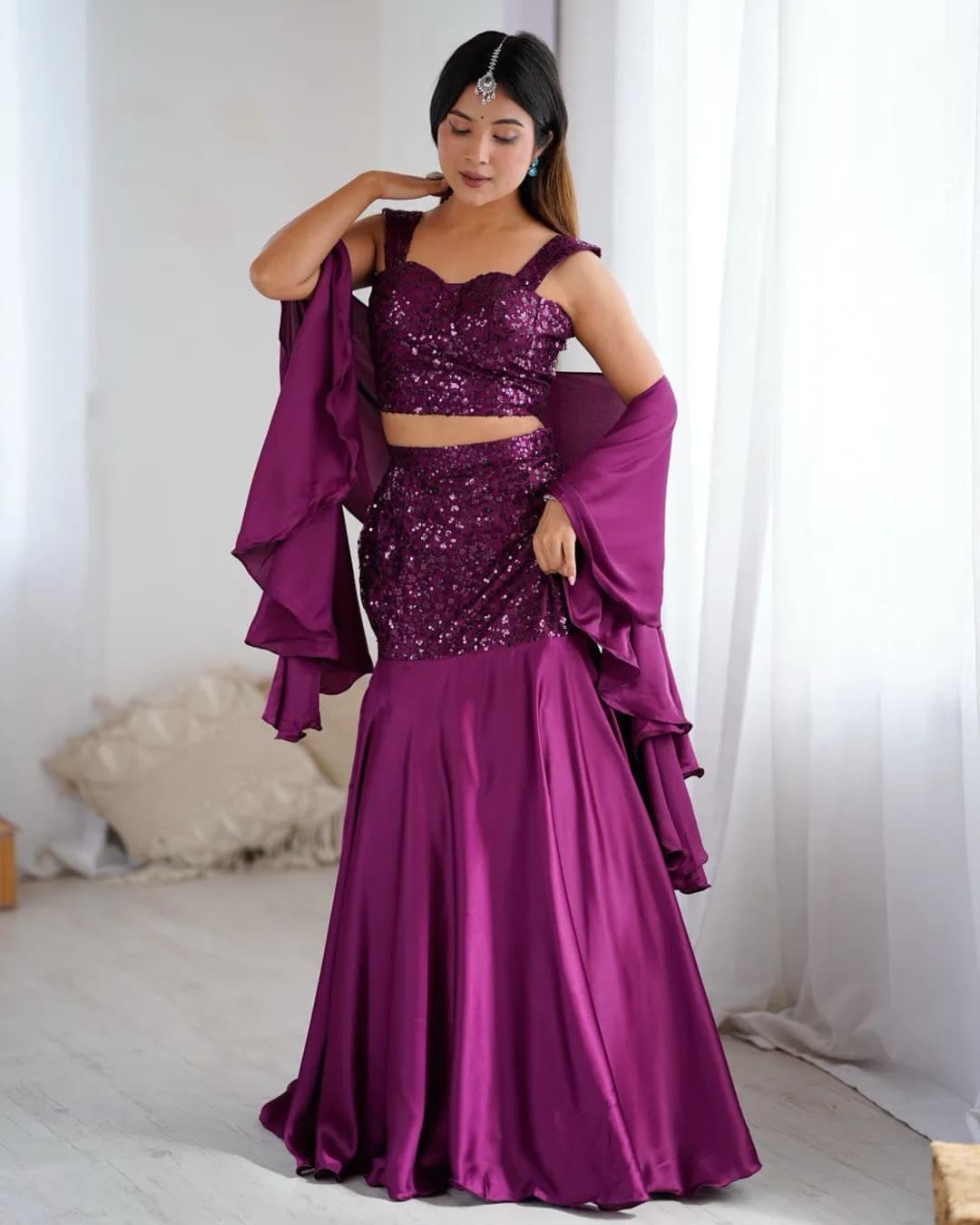Designer Net Embroidered Fishcut Skirt Set with Padded Blouse
