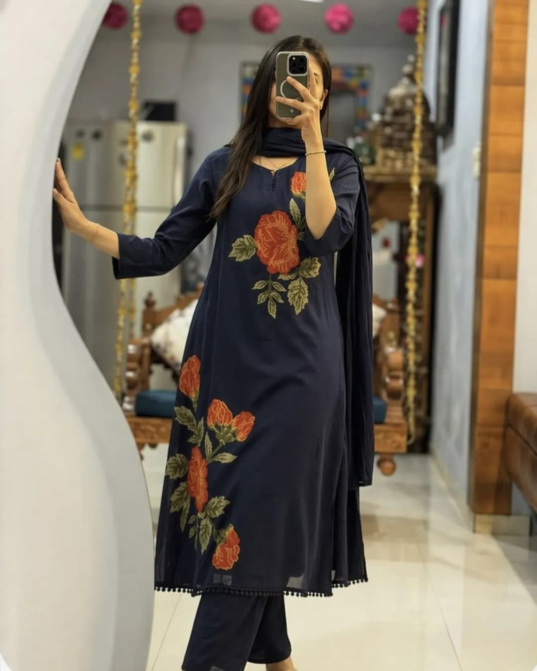 Premium Jaipur Cotton Rose Embroidered Kurti Pant Dupatta Set alternate view