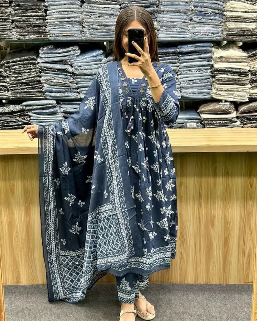 Trending Cotton Kurti Pant Dupatta Set with Floral Print