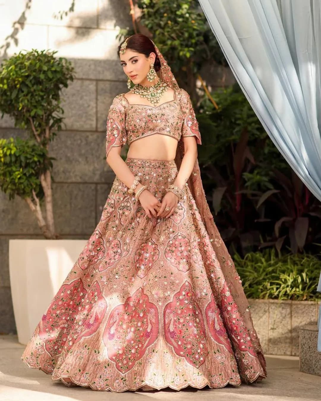 Designer Slub Silk Embroidered Lehenga Choli with Butterfly Net Dupatta