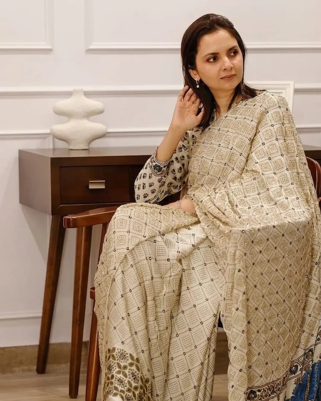 Ajrak Mirror Work Chinnon Saree with Unstitched Blouse alternate view