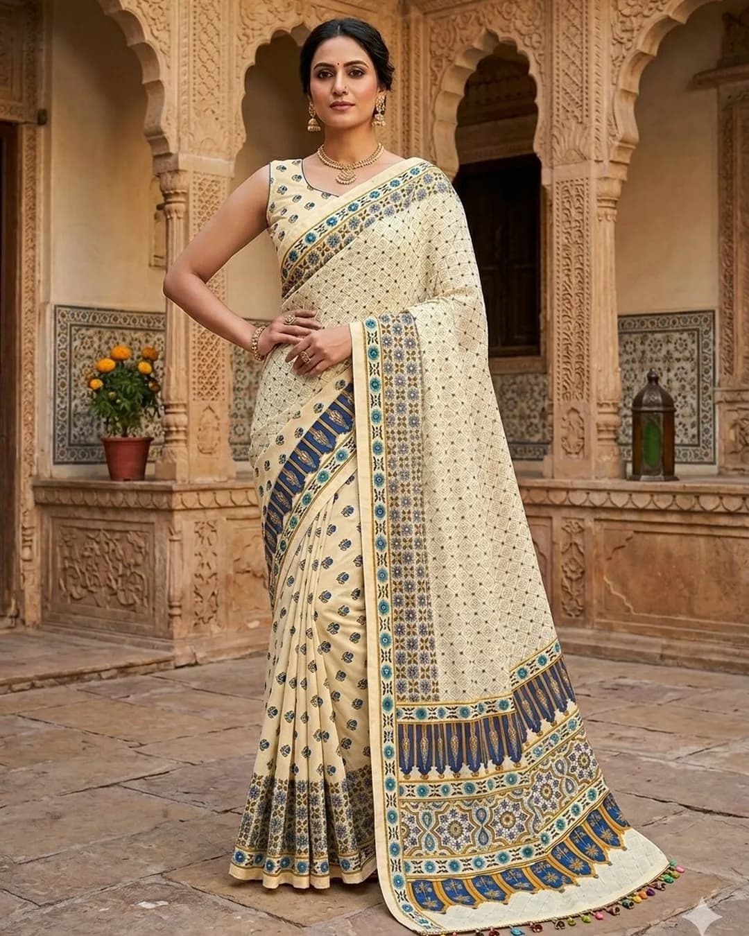 Ajrak Mirror Work Chinnon Saree with Unstitched Blouse