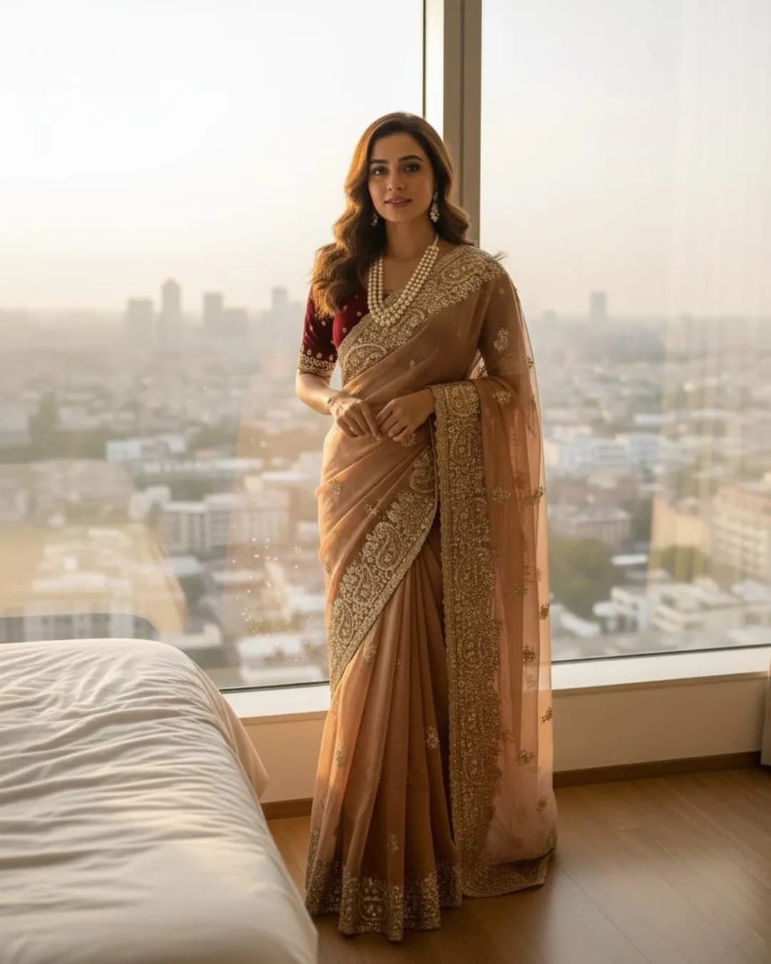 Fendy Satin Saree with Embroidered Sequence Border & Stitched Blouse