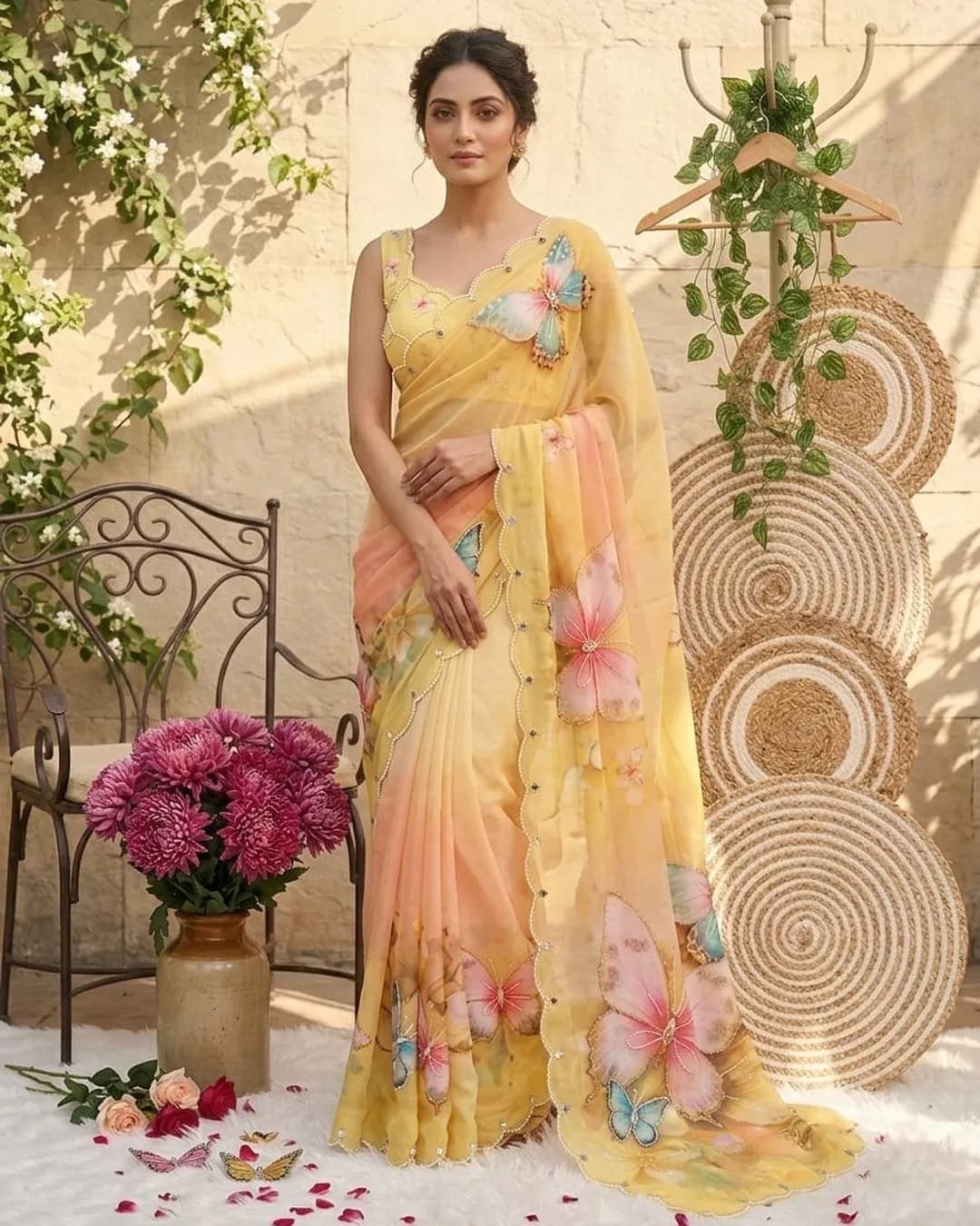 Butterfly Digital Print Georgette Silk Saree with Hand Khatli Work