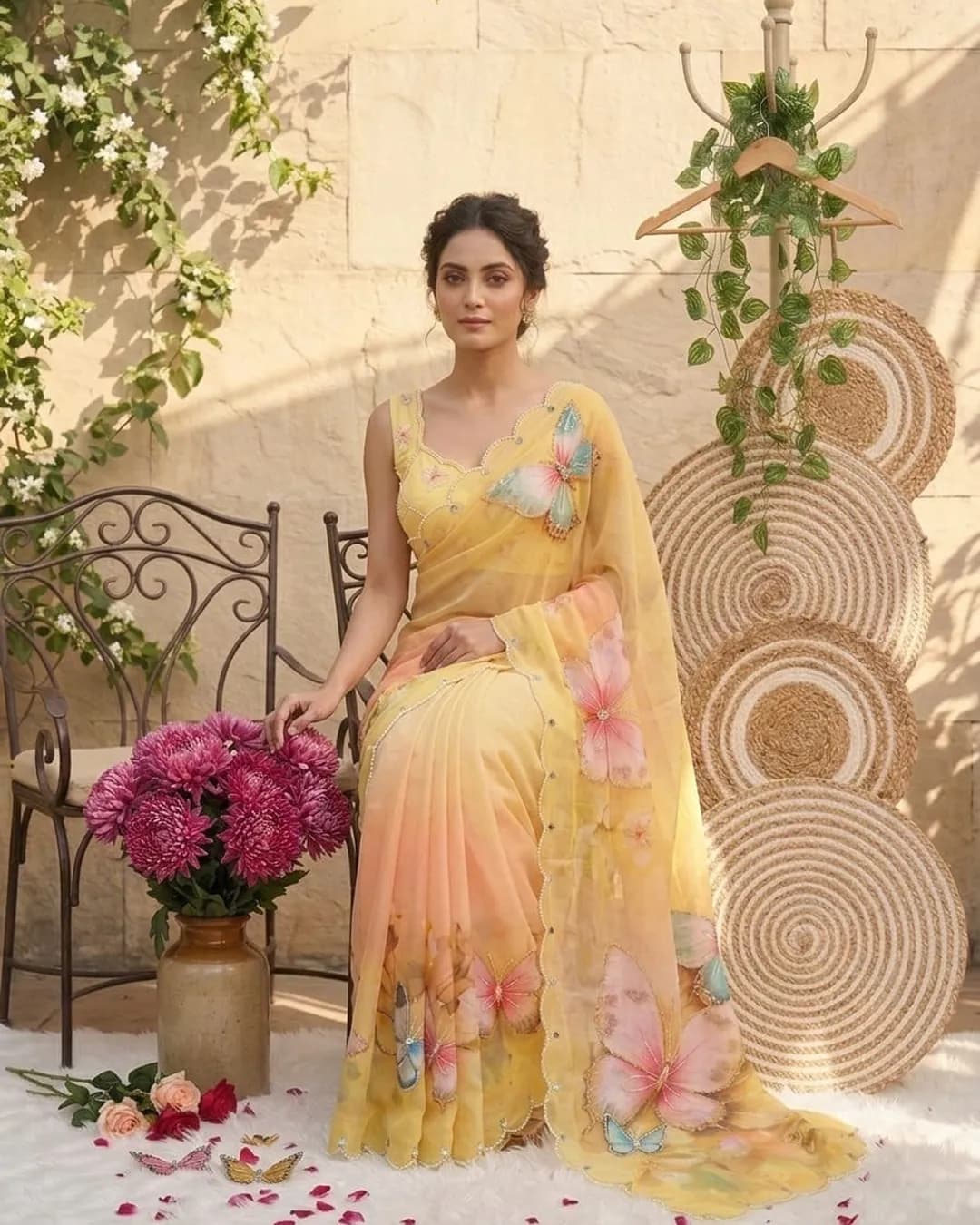Butterfly Digital Print Georgette Silk Saree with Hand Khatli Work alternate view
