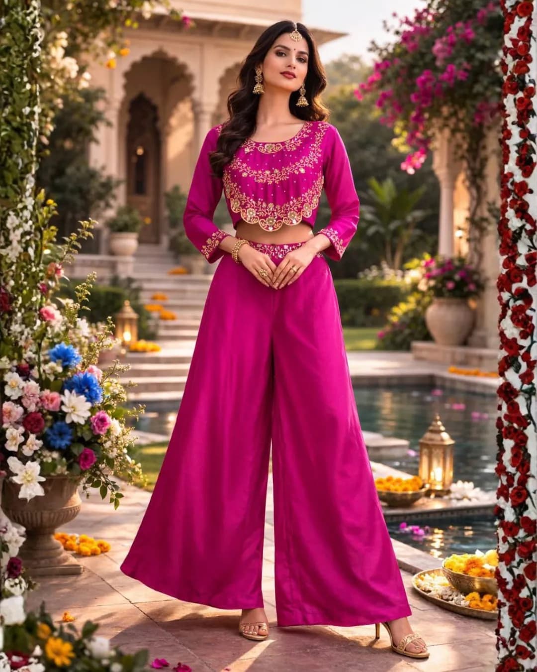 Designer Chinnon Silk Embroidered Plazo Set alternate view