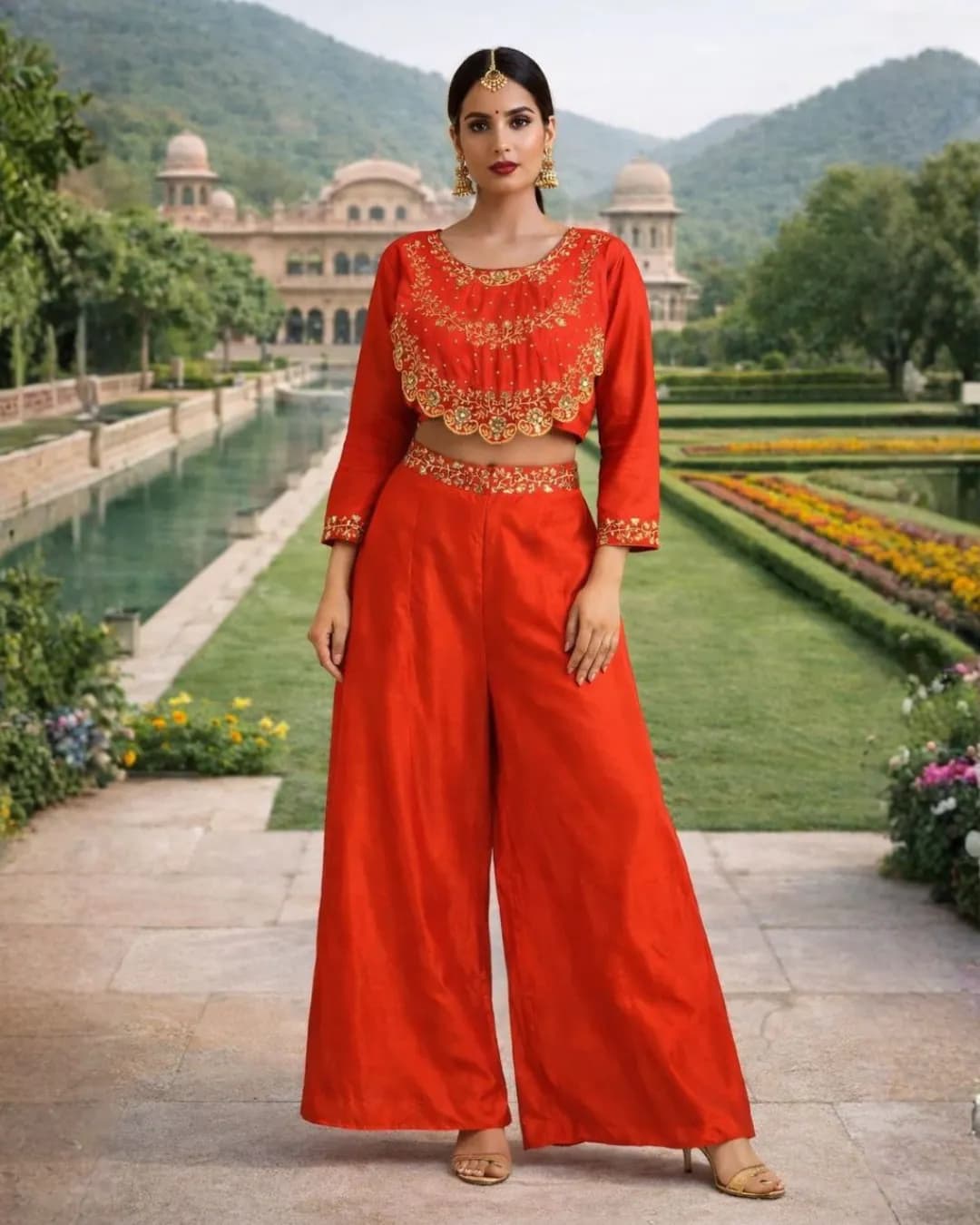 Designer Chinnon Silk Embroidered Plazo Set