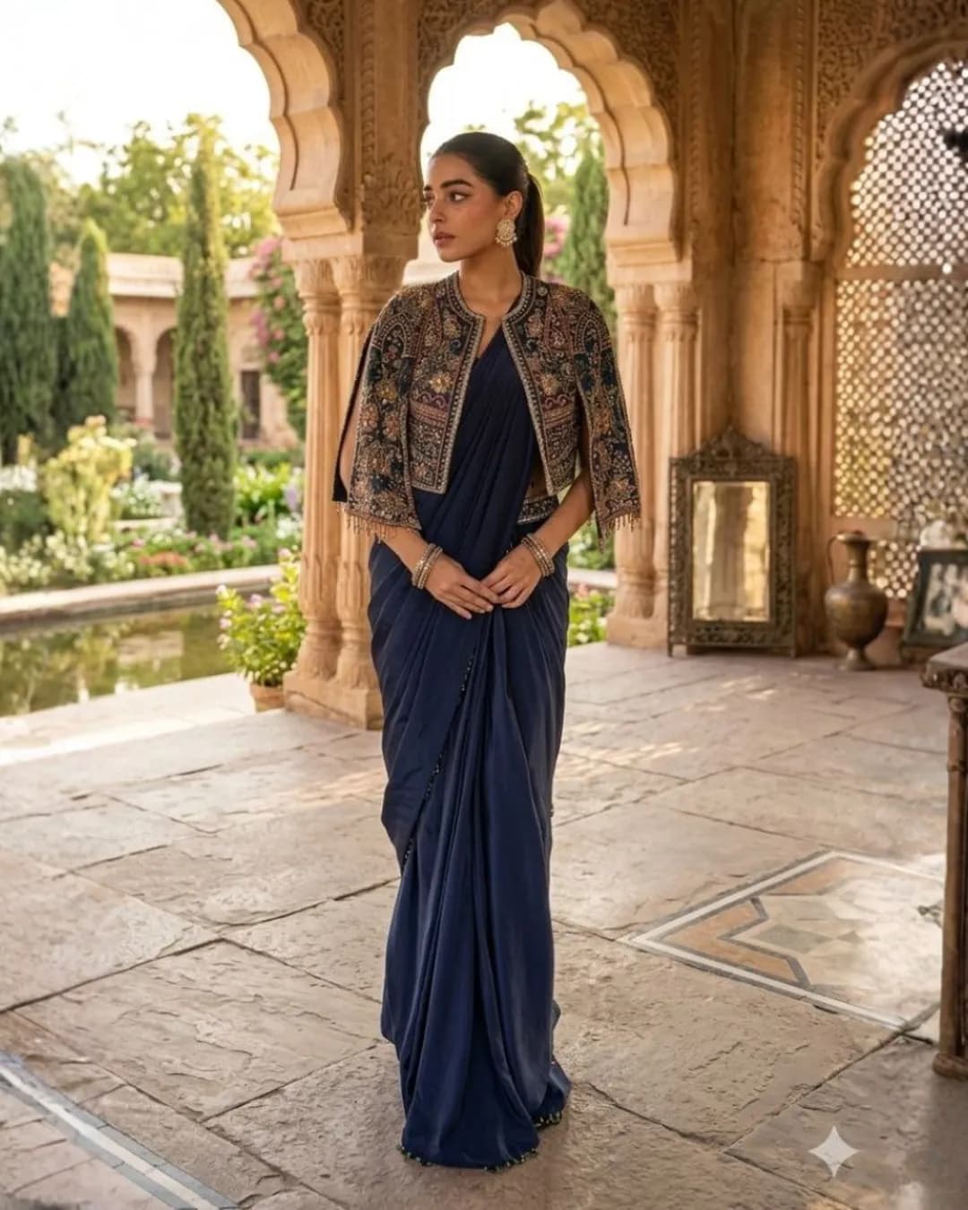 Celebrity Inspired Chinnon Silk Designer Drape Saree with Jacket