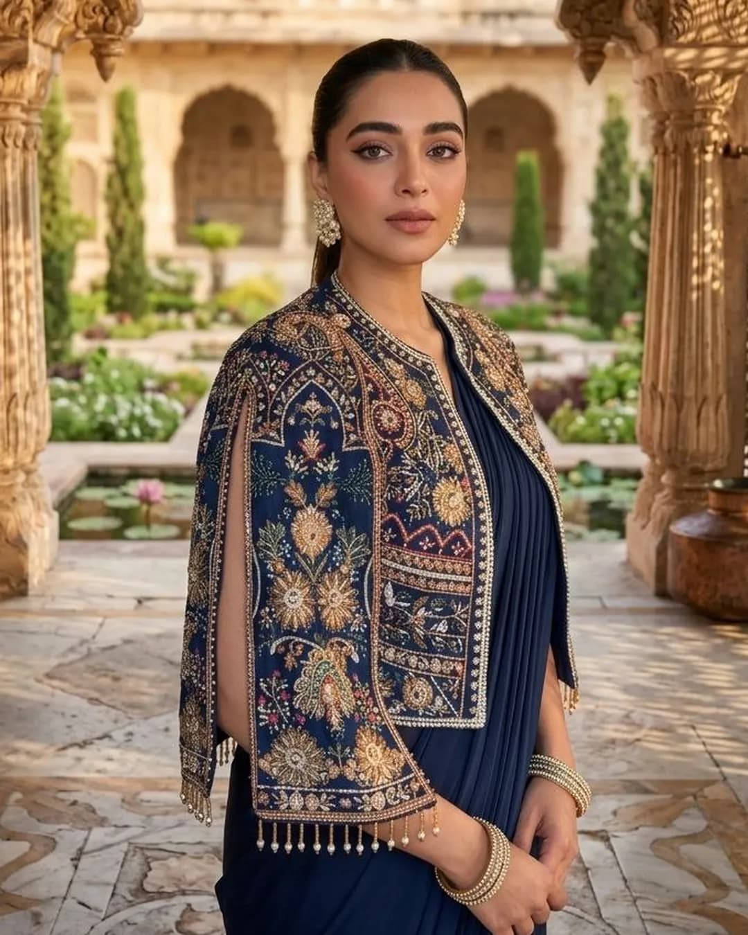 Celebrity Inspired Chinnon Silk Designer Drape Saree with Jacket alternate view