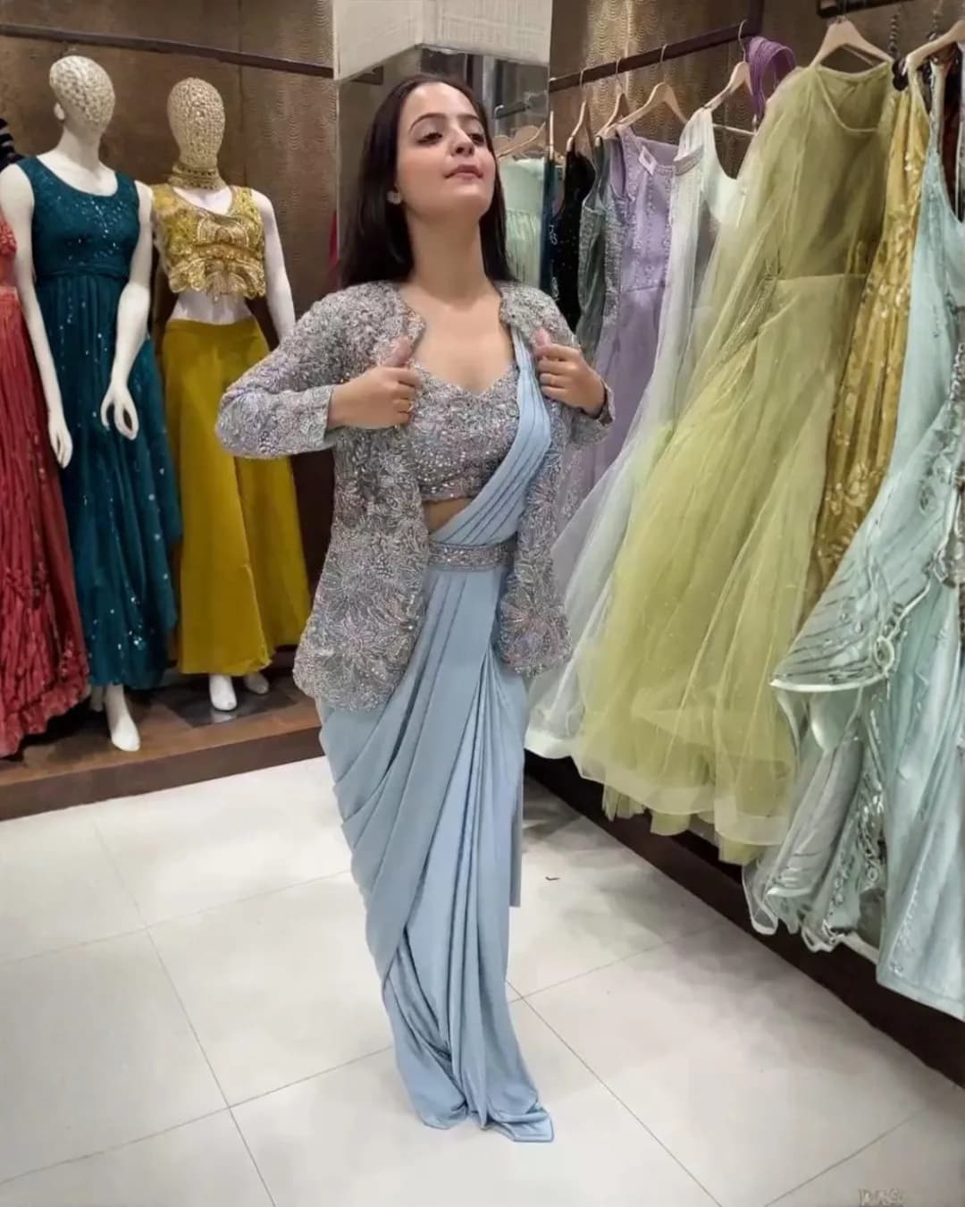 Bollywood Glam Chinnon Silk Designer Drape Saree with Jacket alternate view