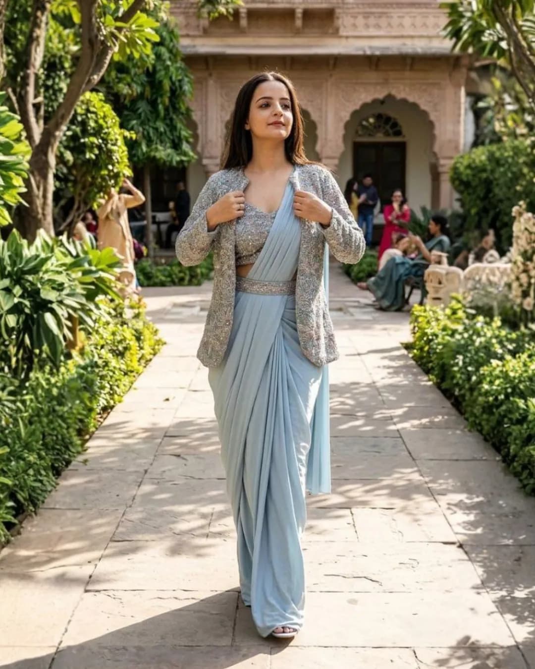 Bollywood Glam Chinnon Silk Designer Drape Saree with Jacket