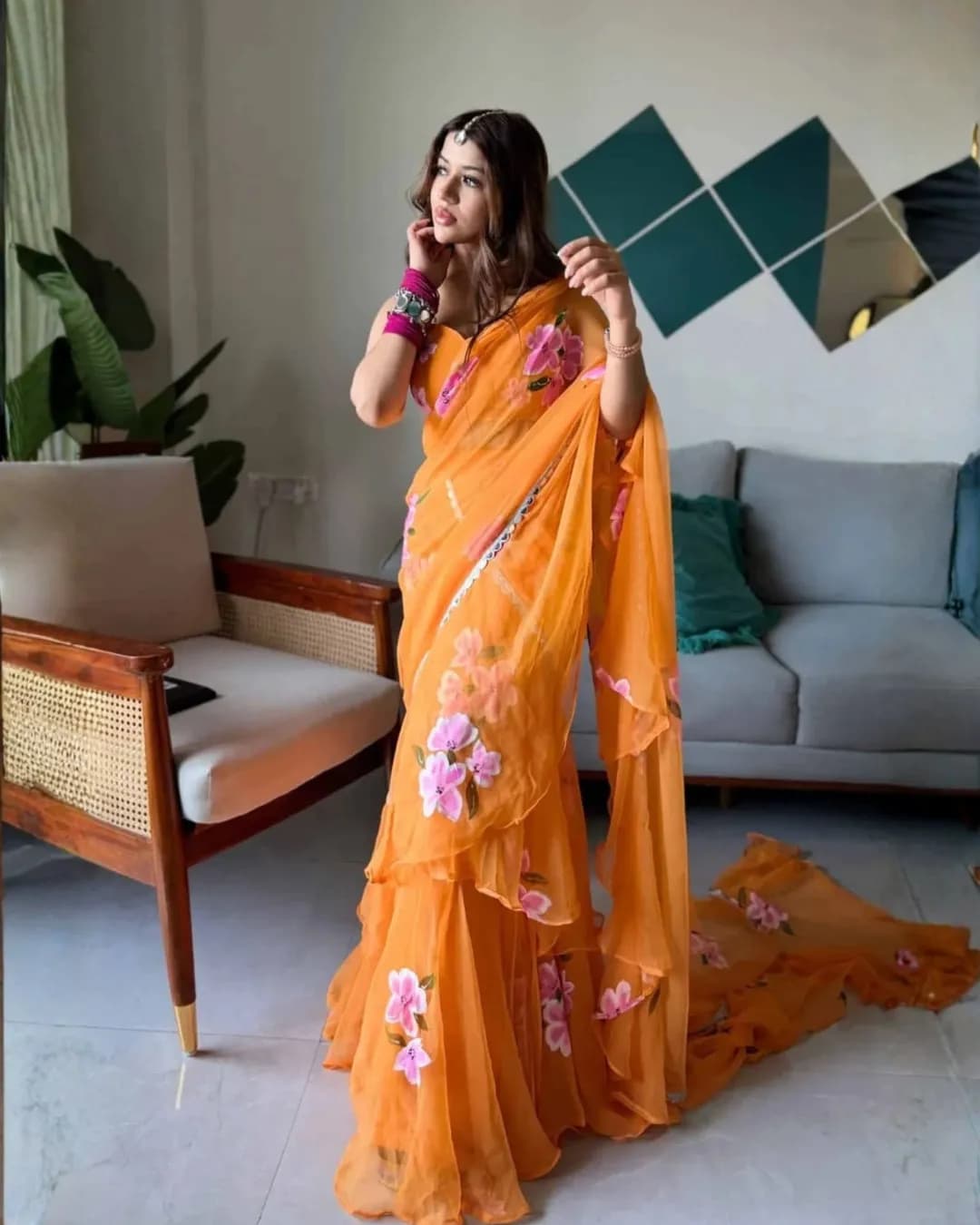 Ruffle Glam Georgette Lehenga Saree with Digital Print