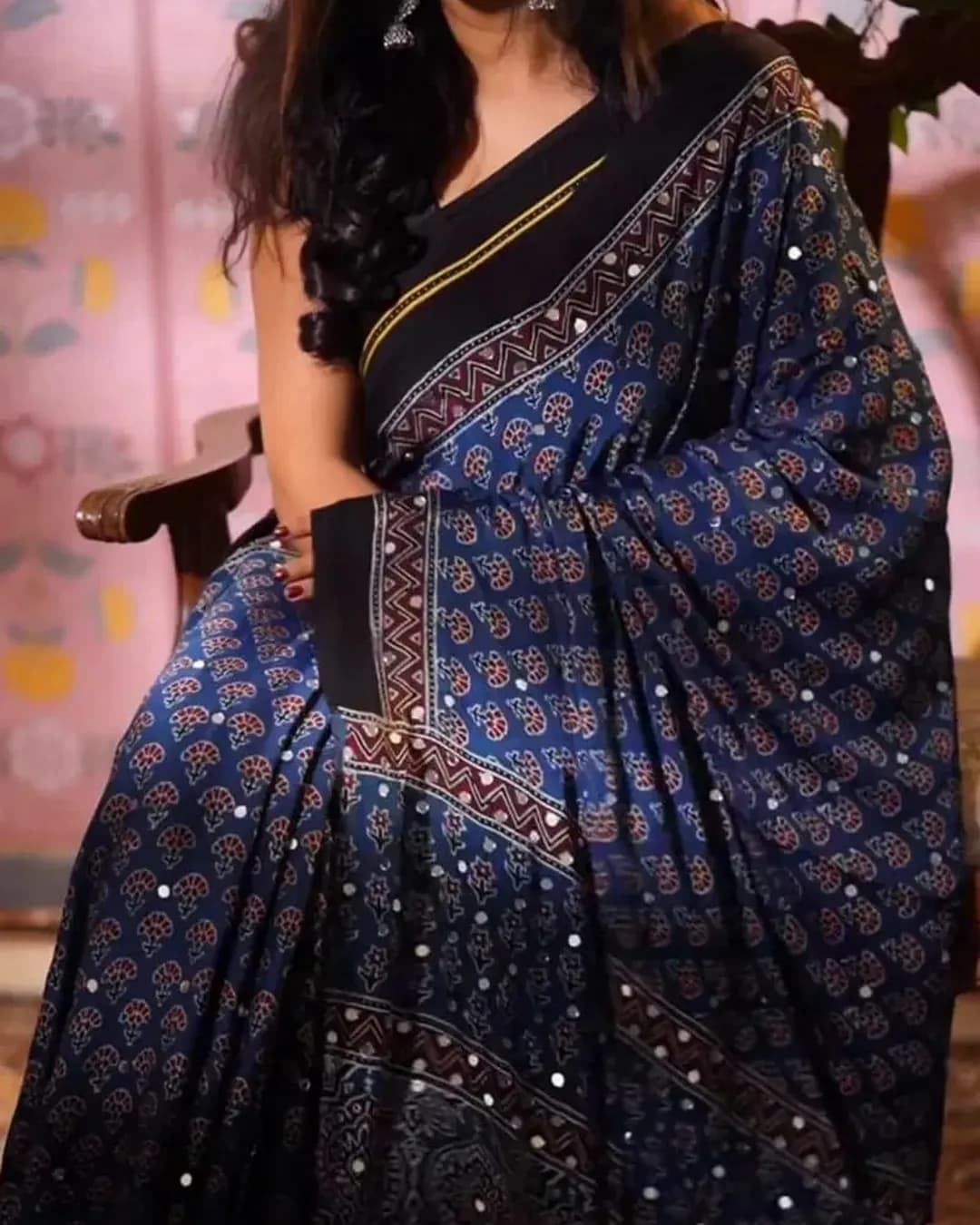 Viral Ajrak Mirror Work Chinnon Saree with Unstitched Blouse alternate view