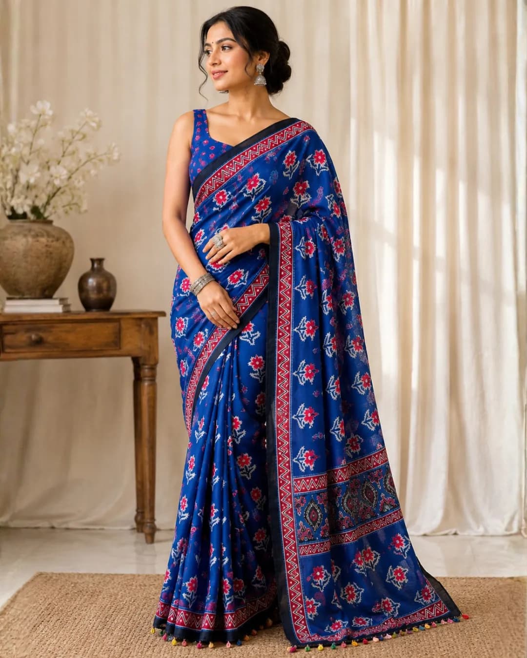 Viral Ajrak Mirror Work Chinnon Saree with Unstitched Blouse