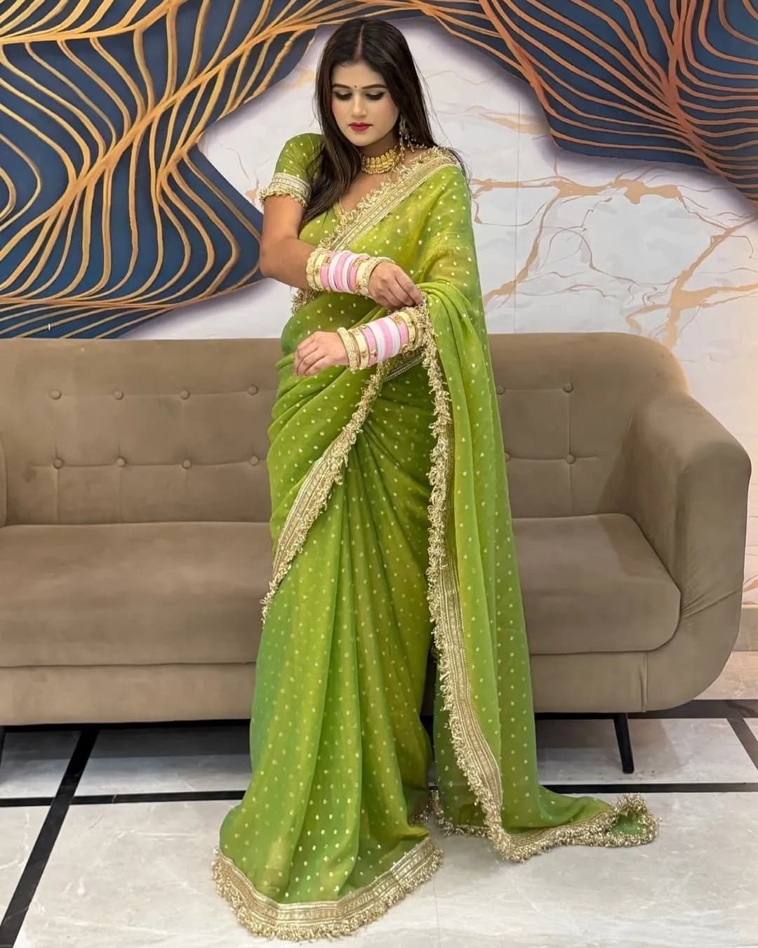 Ultra Soft Moss Fendy Chiffon Saree with Silver Jhari Weaving Butti