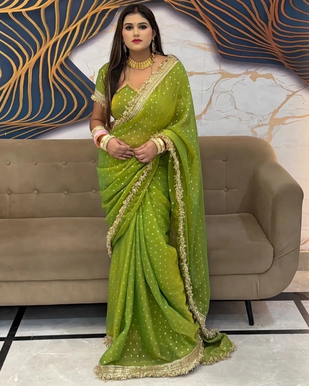Ultra Soft Moss Fendy Chiffon Saree with Silver Jhari Weaving Butti alternate view