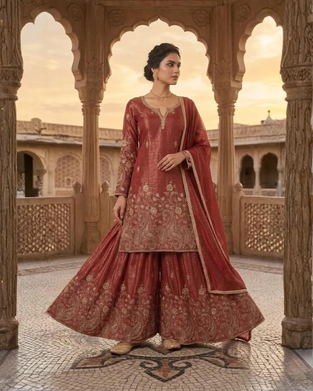 Designer Crunchy Silk Sharara Palazzo Set with Embroidered Dupatta