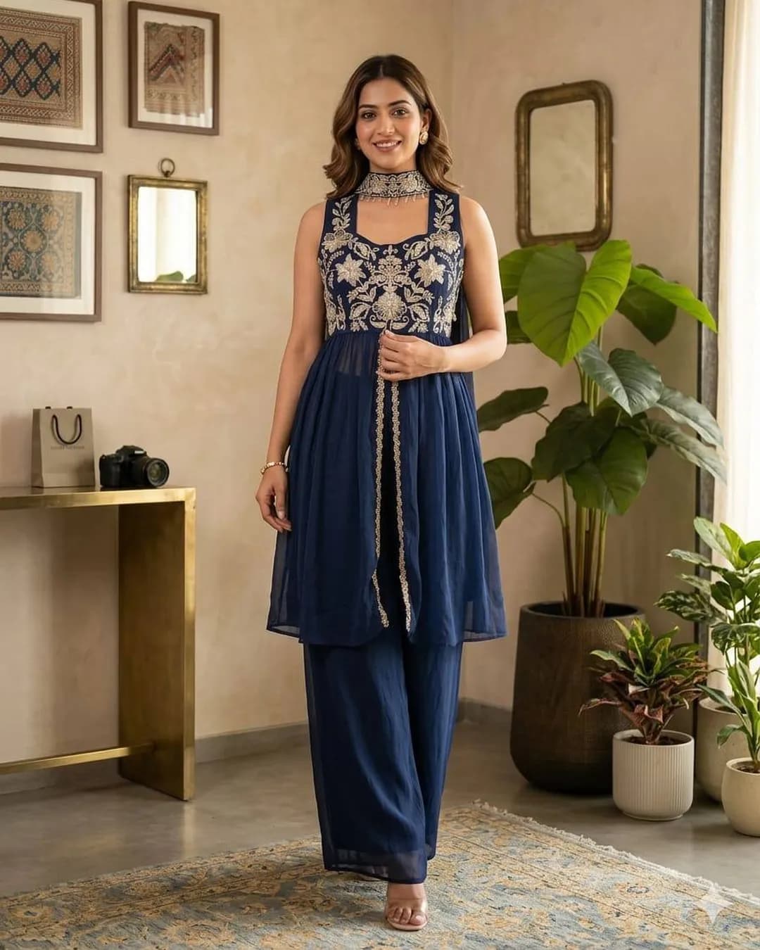 Designer Indo-Western Rangoli Crush Palazzo Set with Embroidery Work