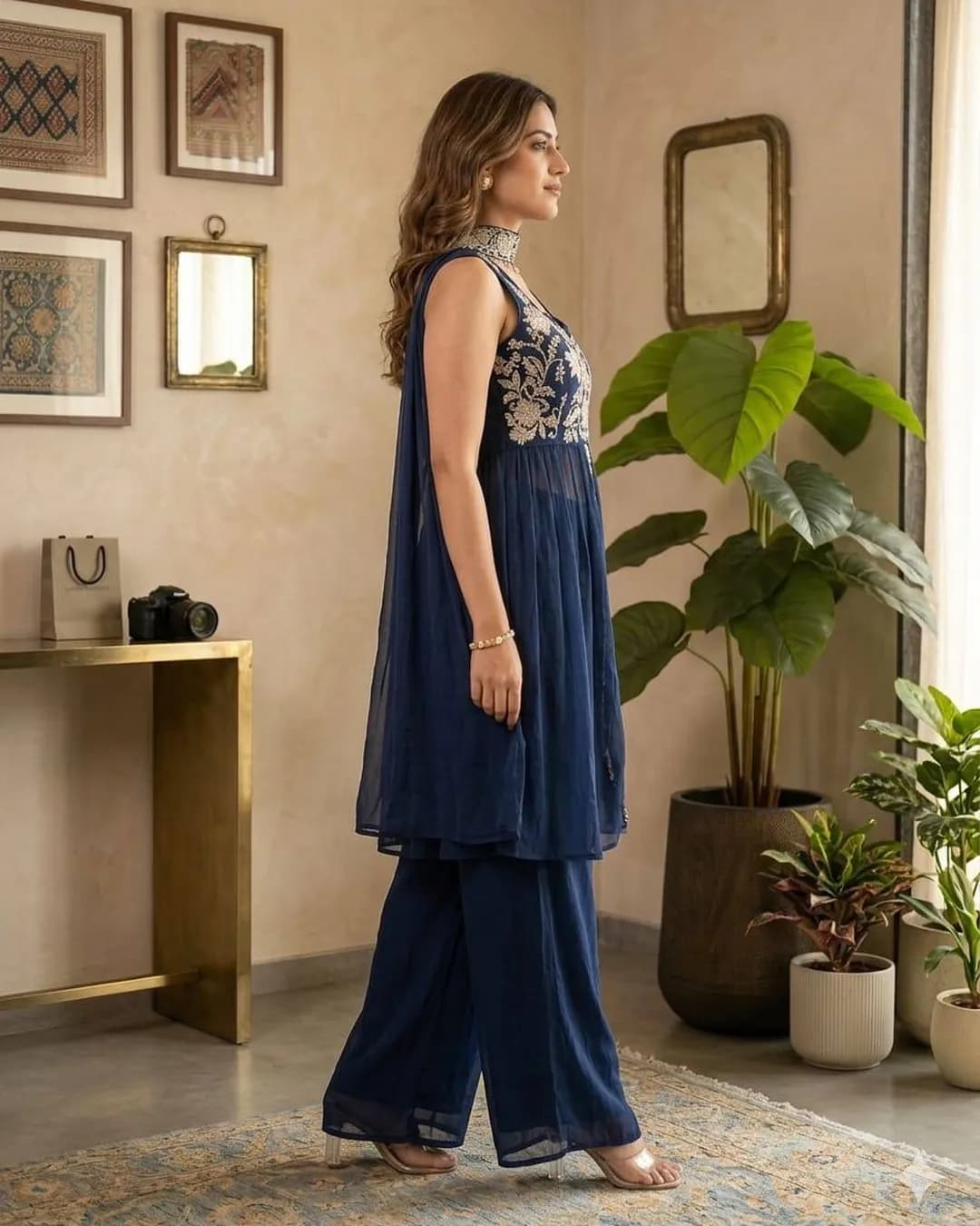 Designer Indo-Western Rangoli Crush Palazzo Set with Embroidery Work alternate view