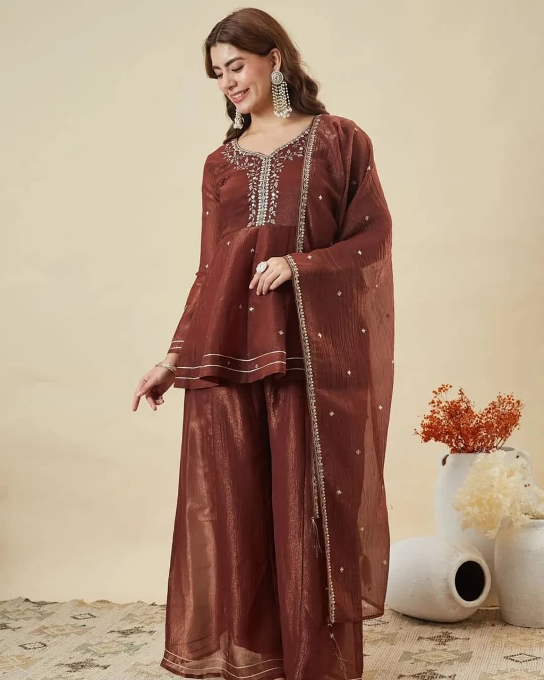 Embroidered Crunchy Silk Kurti Plazzo Set with Dupatta