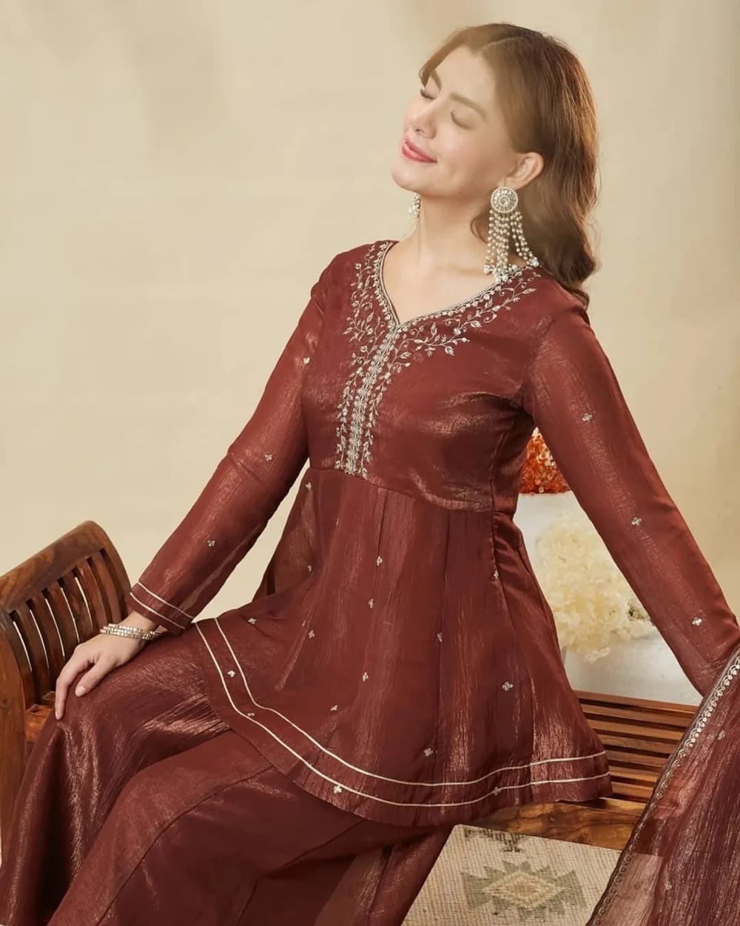 Embroidered Crunchy Silk Kurti Plazzo Set with Dupatta alternate view
