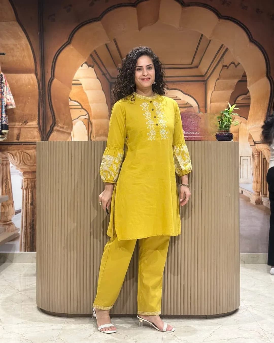 Pure Cotton Collared Kurta Pant Set with Embroidery Work