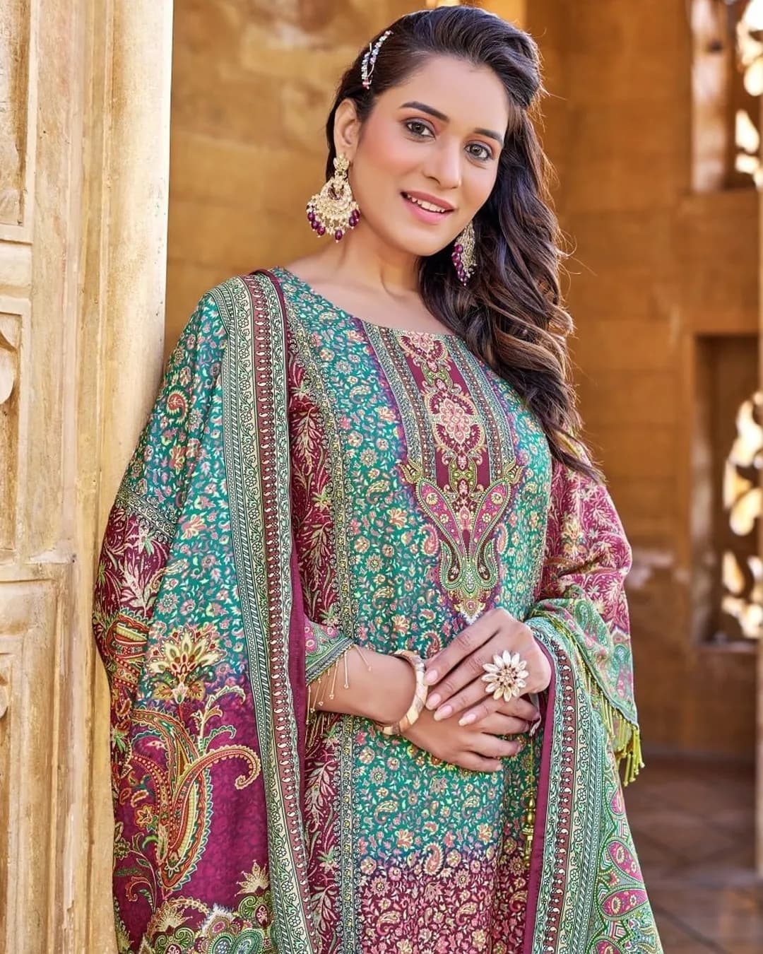 Digital Printed Jam Satin Pakistani Suit with Palazzo & Dupatta alternate view