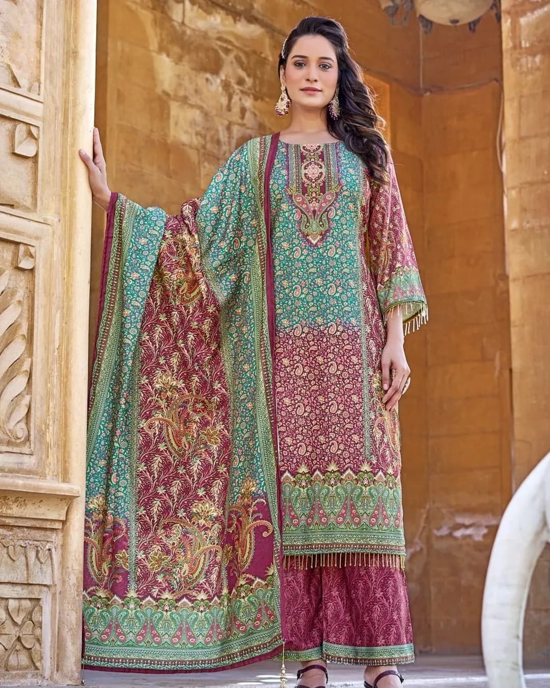 Digital Printed Jam Satin Pakistani Suit with Palazzo & Dupatta