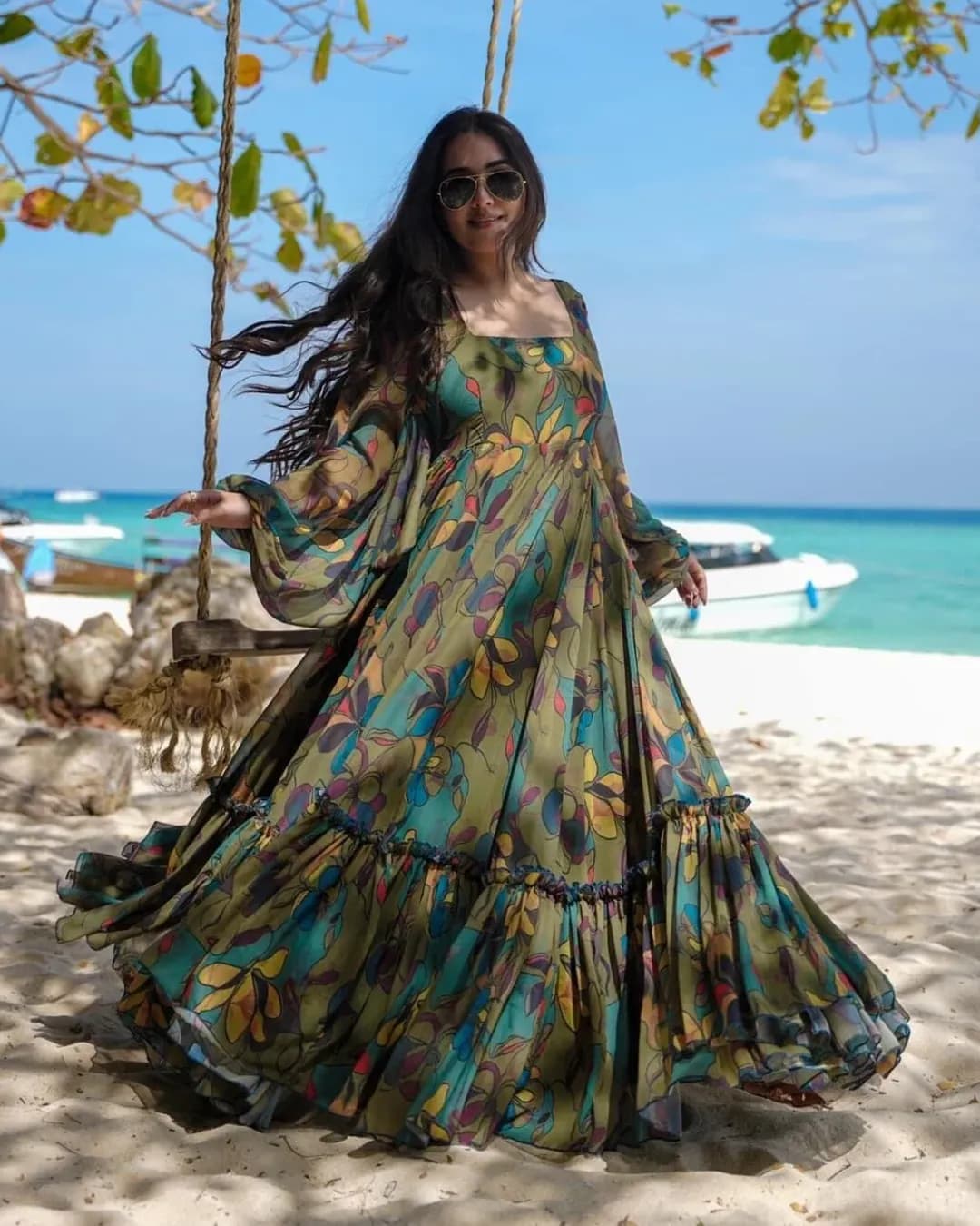 Enchanting Green Floral Georgette Maxi Dress
