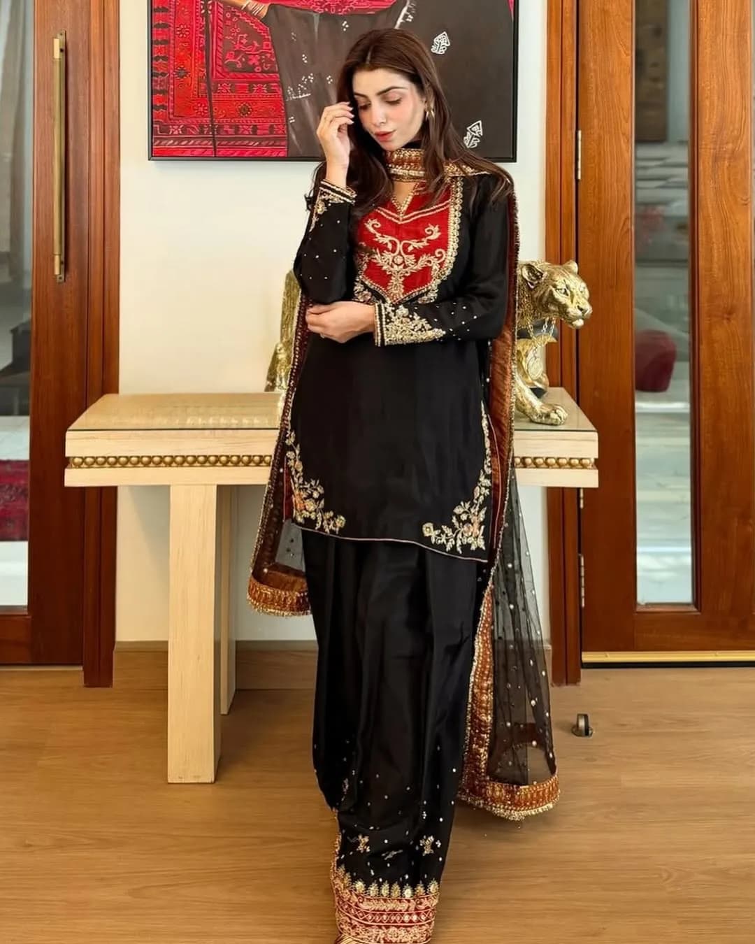 Pakistani Style Maska Cotton Plazzo Set with Embroidered Dupatta alternate view