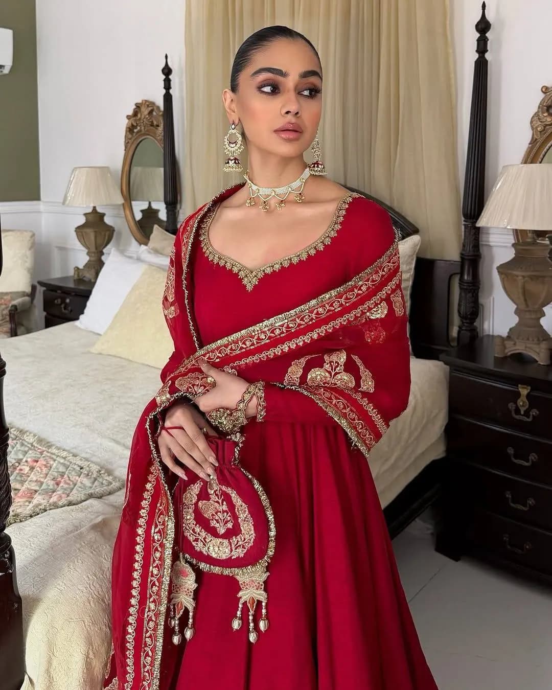 Red Designer Chinon Silk Anarkali Gown Set with Dupatta alternate view
