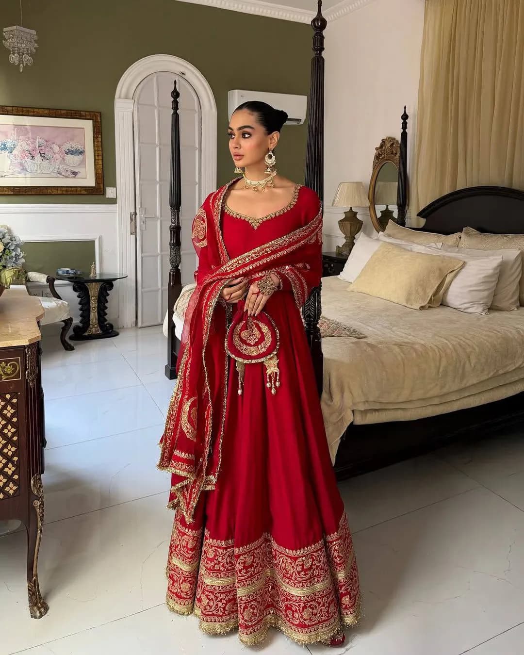Red Designer Chinon Silk Anarkali Gown Set with Dupatta