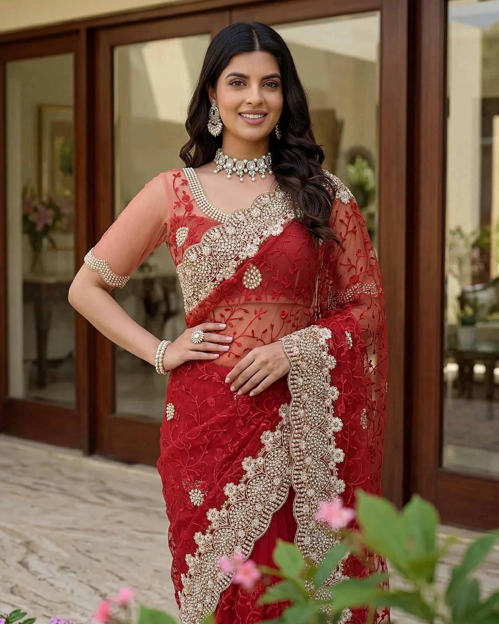 Designer Net Saree with Pearl Diamond Embroidery Work alternate view