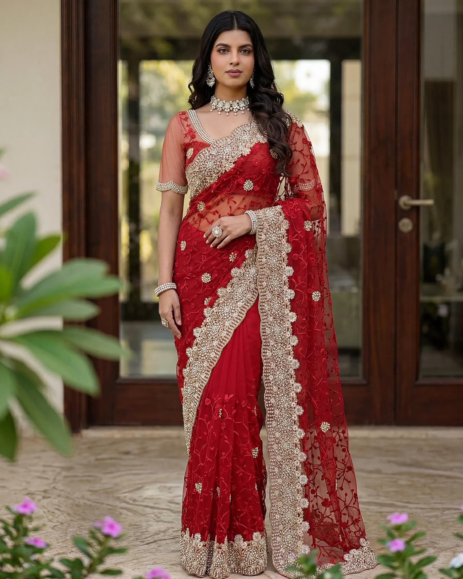 Designer Net Saree with Pearl Diamond Embroidery Work