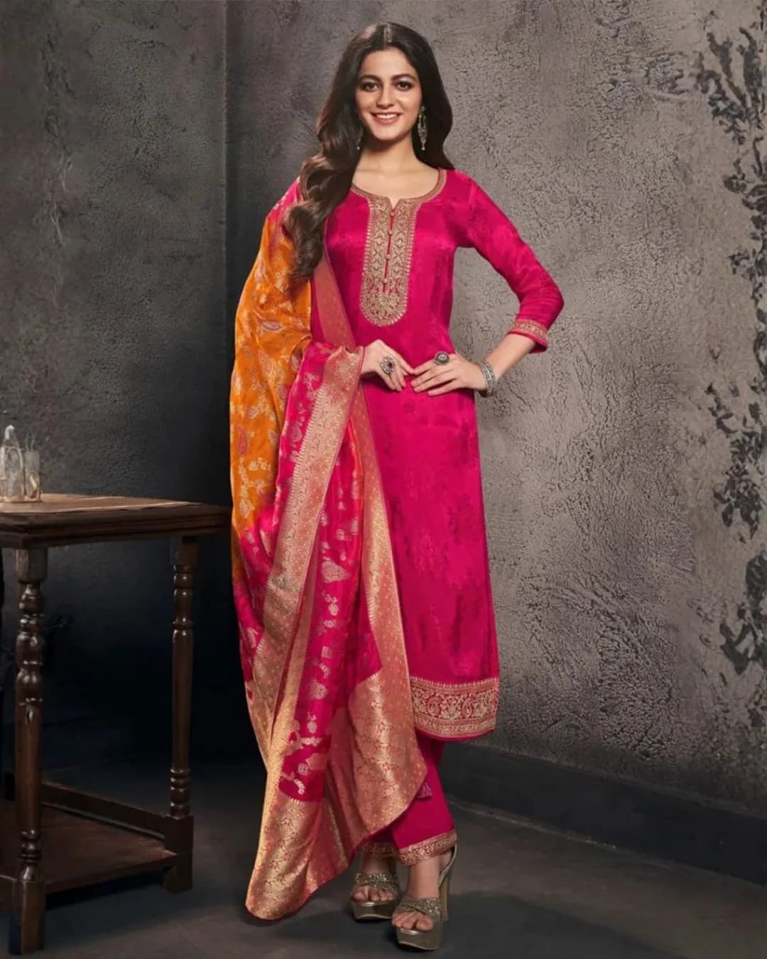 Pure Banarasi Jacquard Weaving Kurti Pant Dupatta Set
