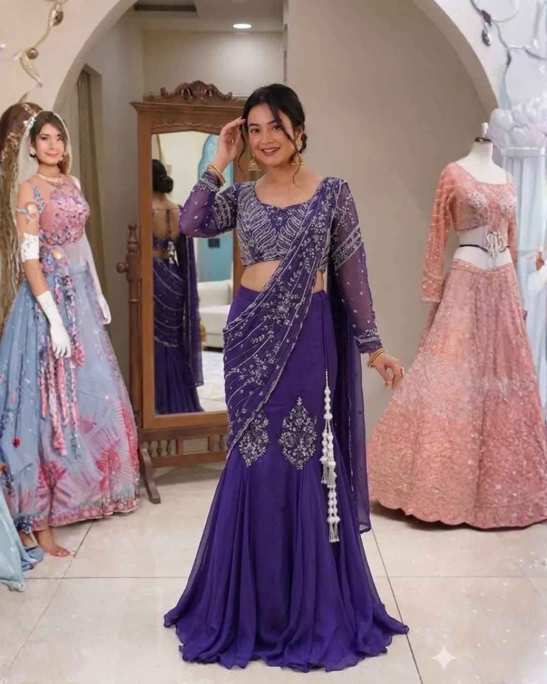 Embroidered Chinon Lehenga Choli with Designer Shrug